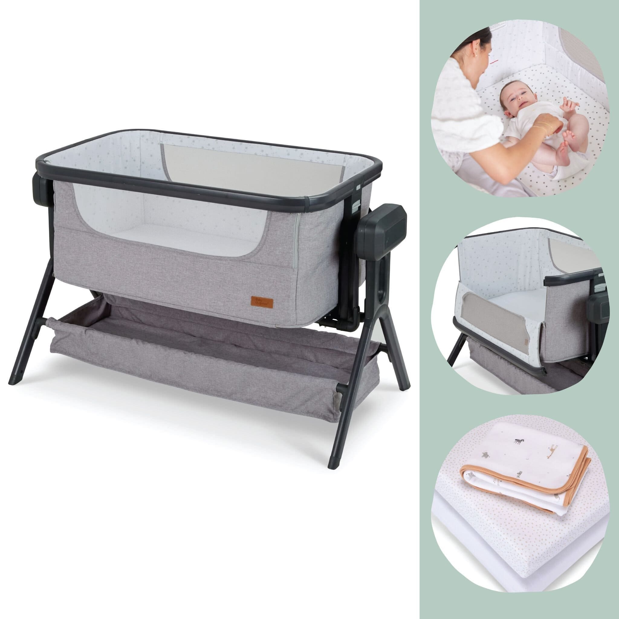 Baby Elegance Co Glide Electric Bedside Crib with Safari Bedding