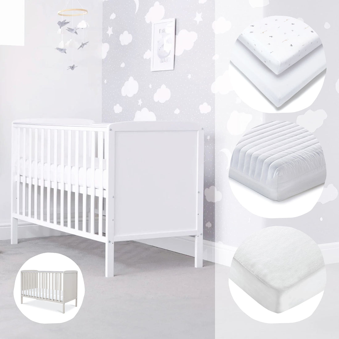Baby Elegance Elle Cot with Cot Mattress, Sheets and Mattress Protector Bundle