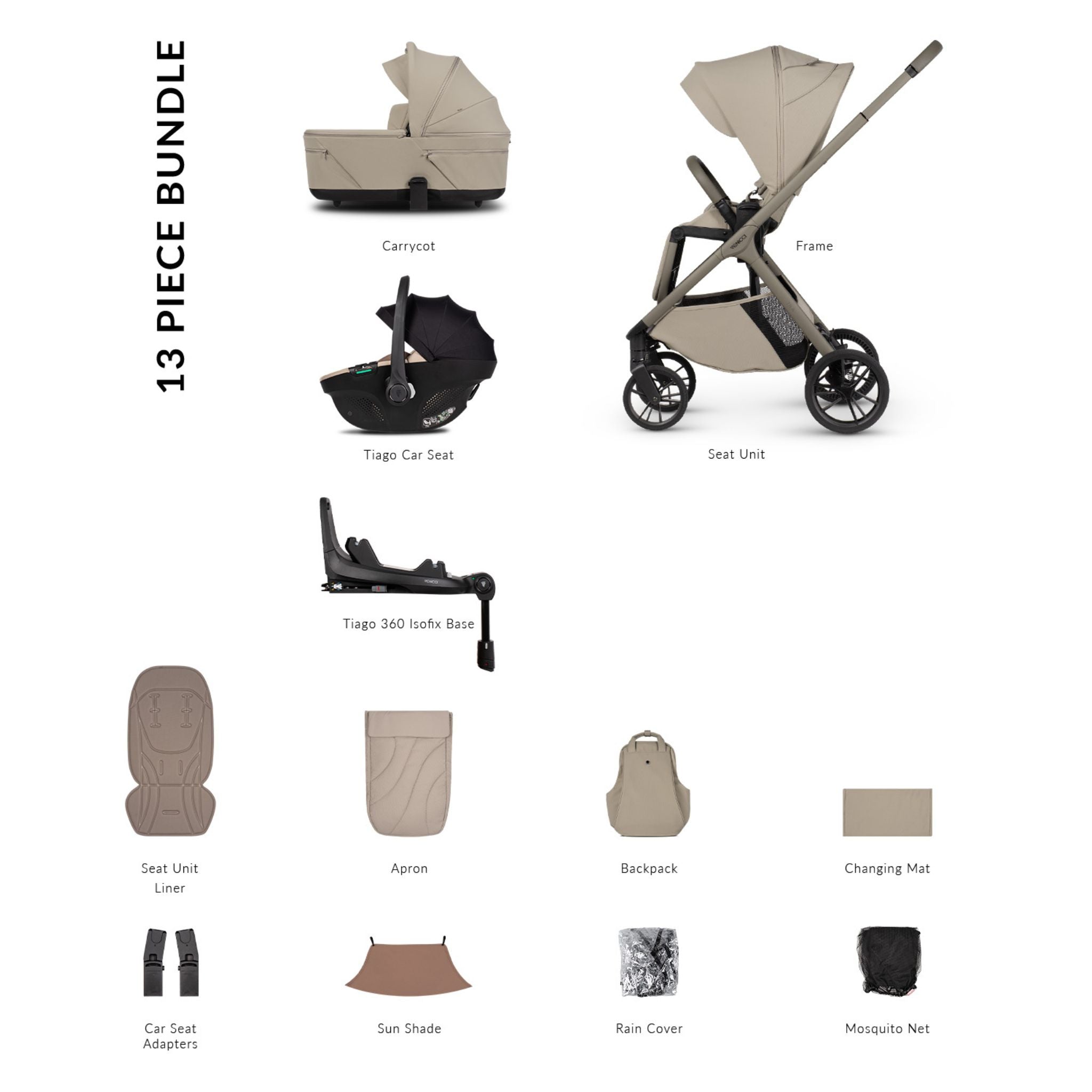 Venicci Tila 4in1 & Tiago i-Size Car Seat Beige Luxury Bundle - 13 piece