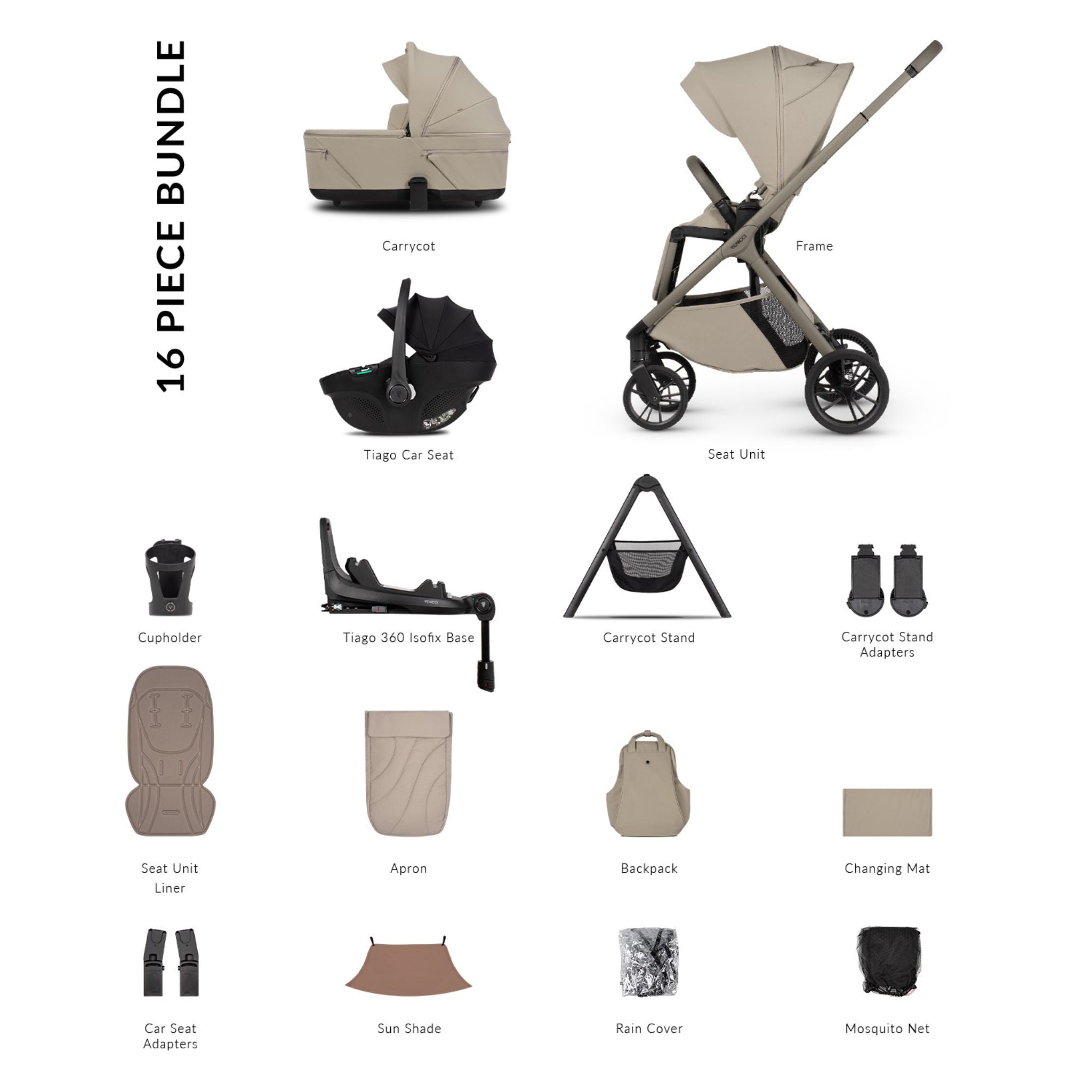 Venicci Tila 4in1 & Tiago i-Size Car Seat Black Ultimate Bundle - 16 piece