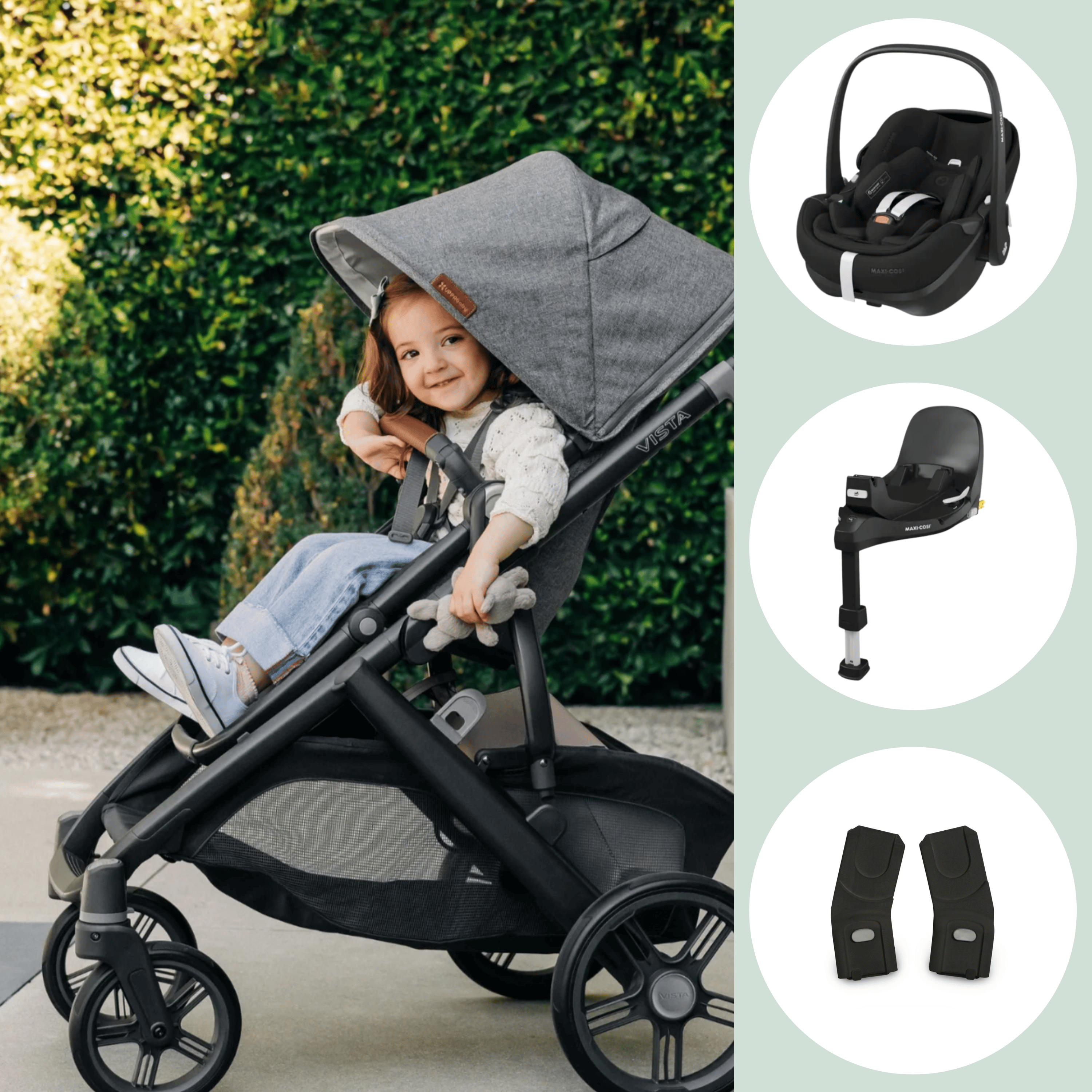 UPPAbaby Vista V3, Maxi Cosi 360 Pebble Pro2, Isofix Base & Adapters Bundle