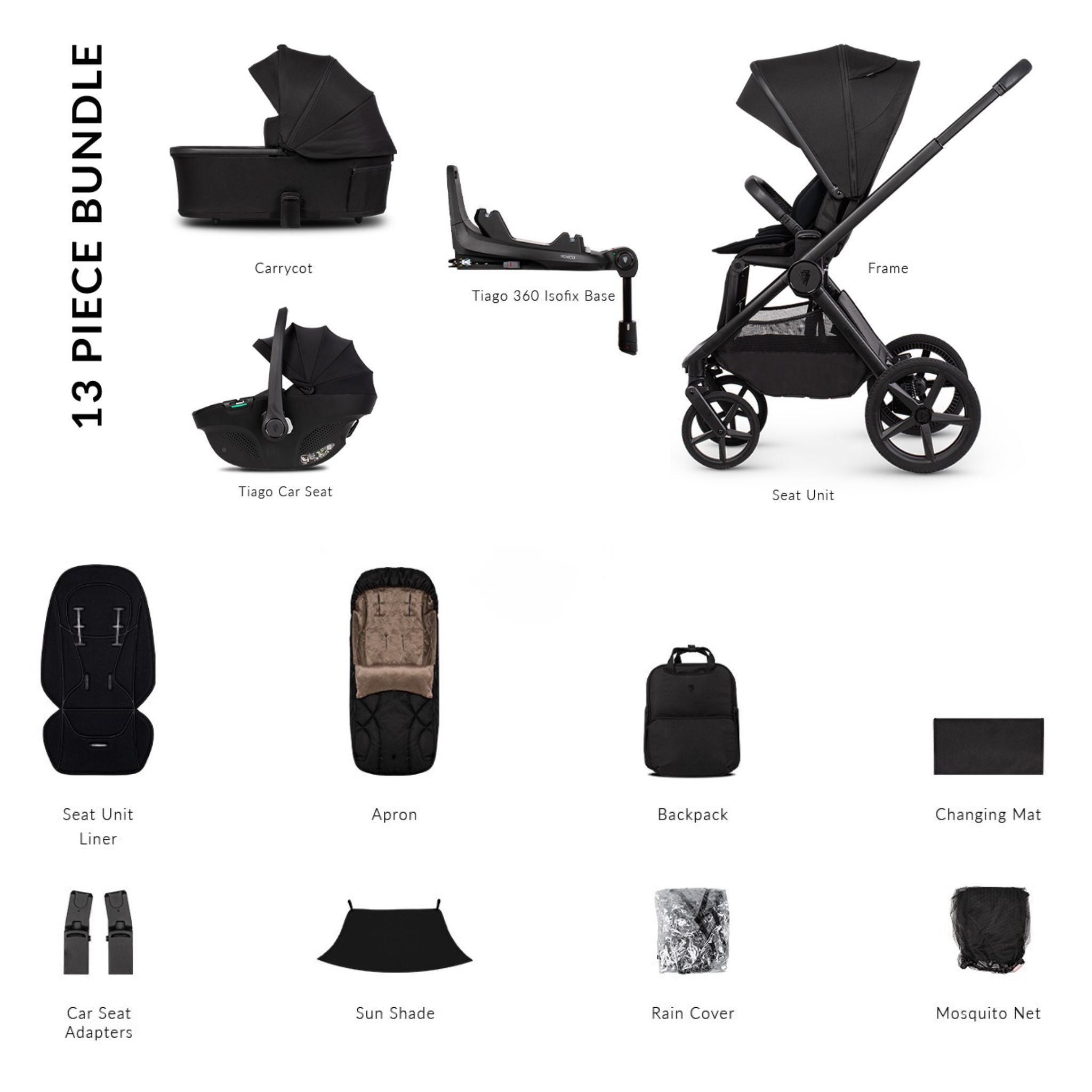 Venicci Upline 3, Tiago Black & Base 4in1 Luxury Bundle