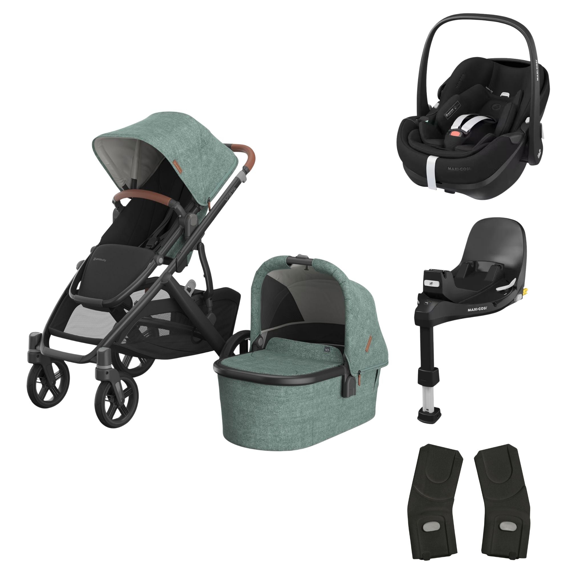 UPPAbaby Vista V3, Maxi Cosi 360 Pebble Pro2, Isofix Base & Adapters Bundle