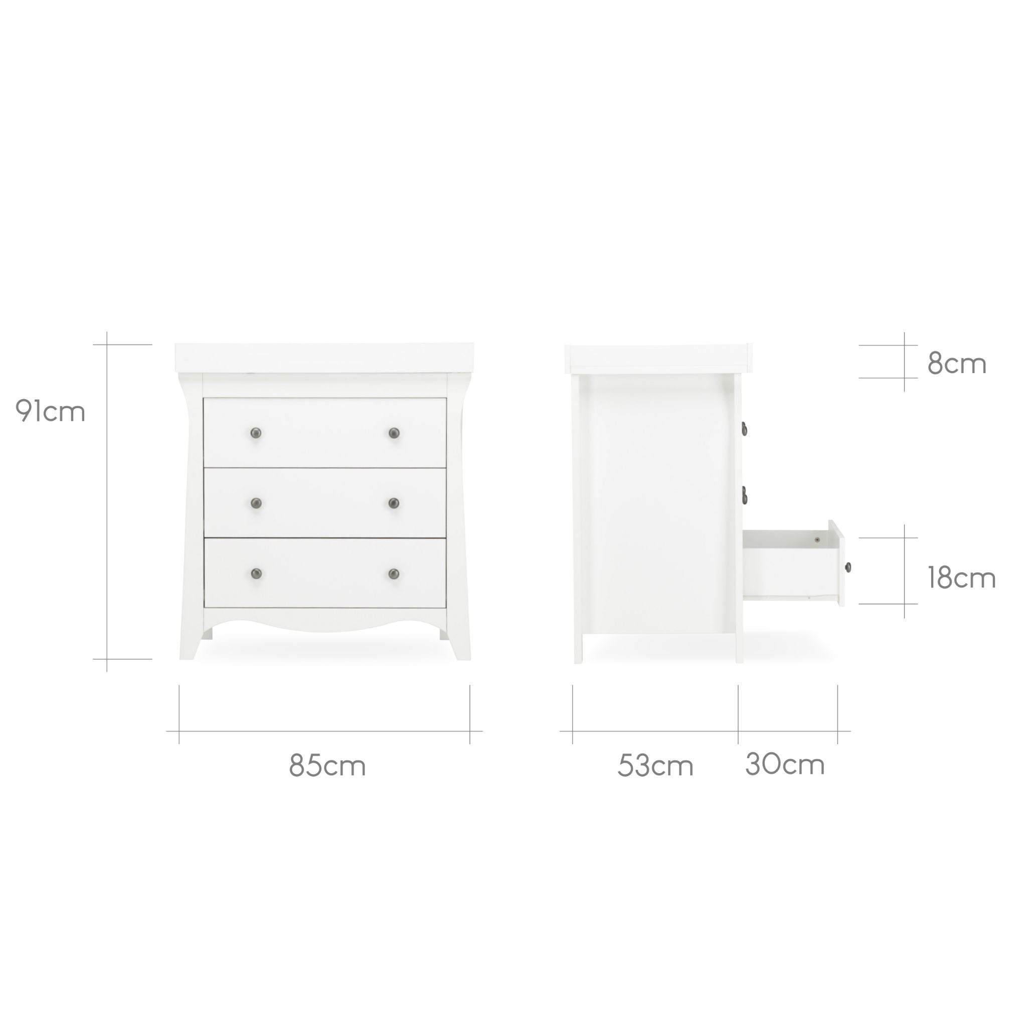 CuddleCo Clara 3pc Set 3 Drawer Dresser, Cot Bed and Wardrobe