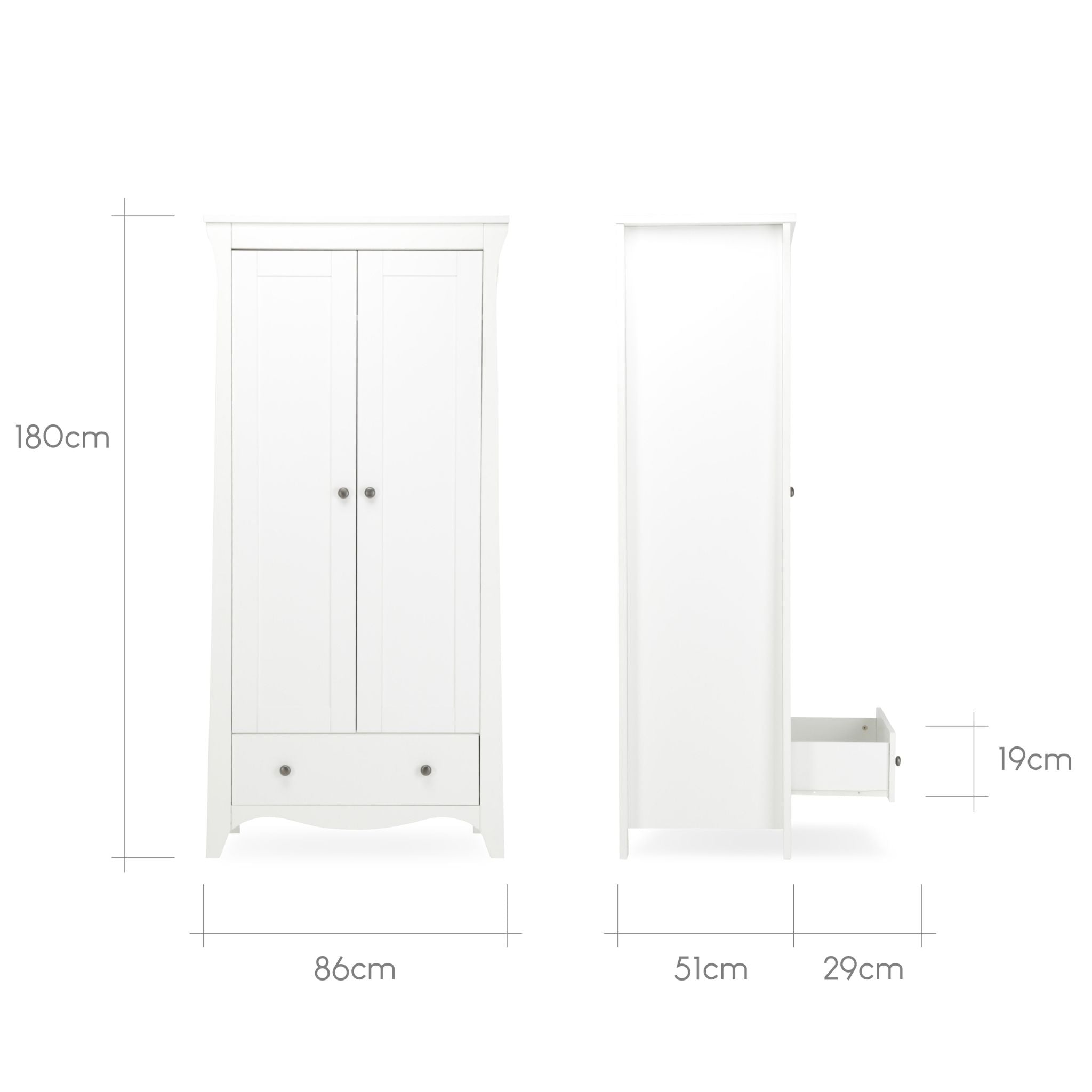 CuddleCo Clara 3pc Set 3 Drawer Dresser, Cot Bed and Wardrobe