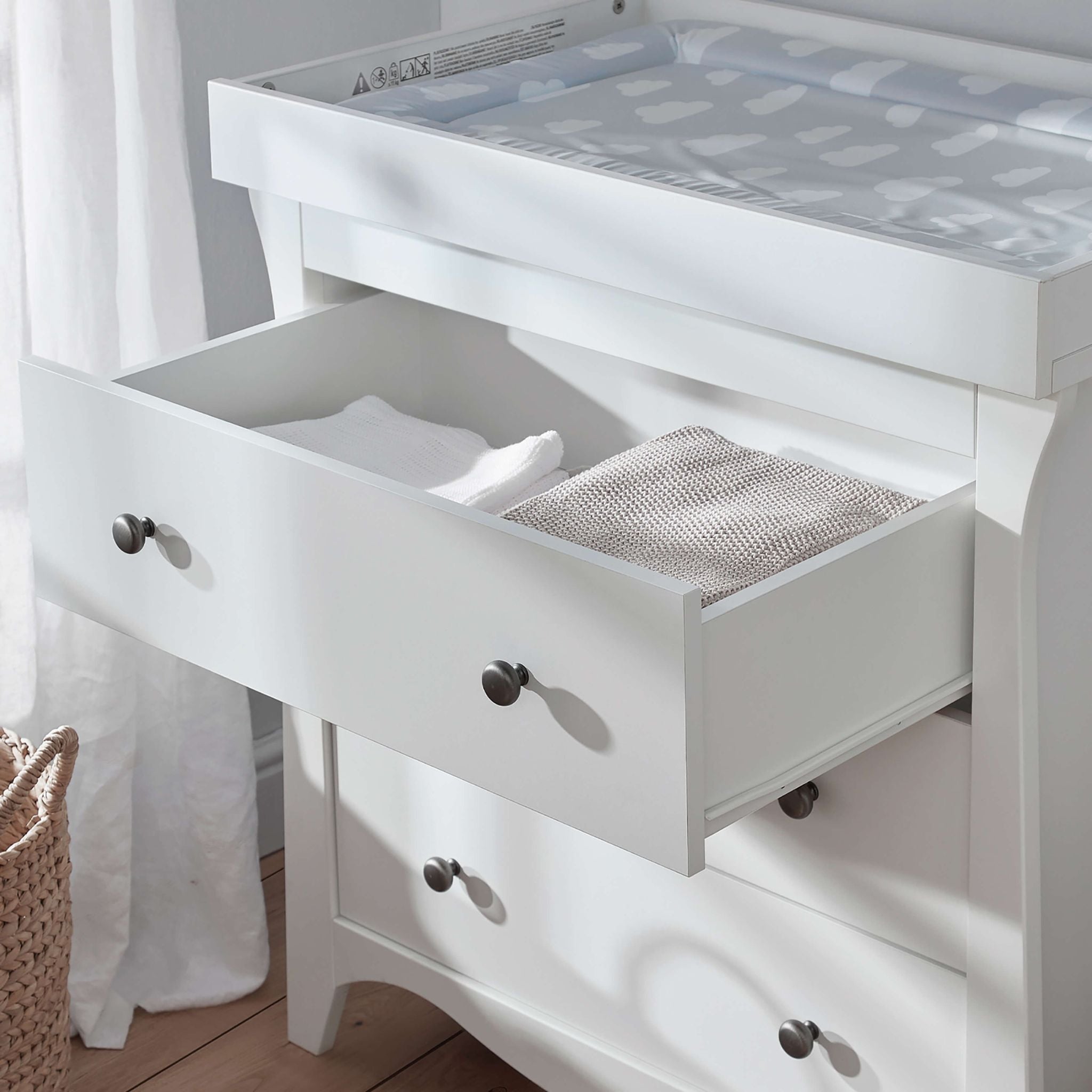 CuddleCo Clara 3pc Set 3 Drawer Dresser, Cot Bed and Wardrobe