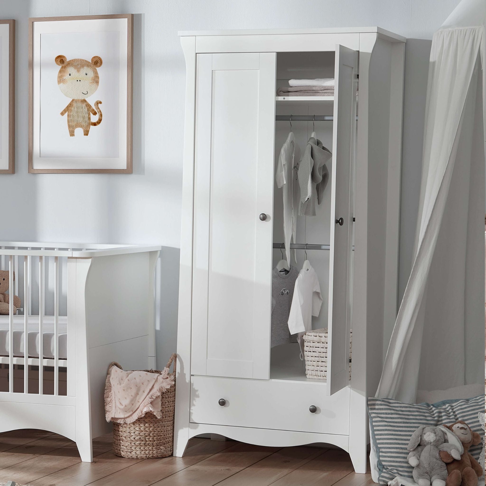 CuddleCo Clara 3pc Set 3 Drawer Dresser, Cot Bed and Wardrobe