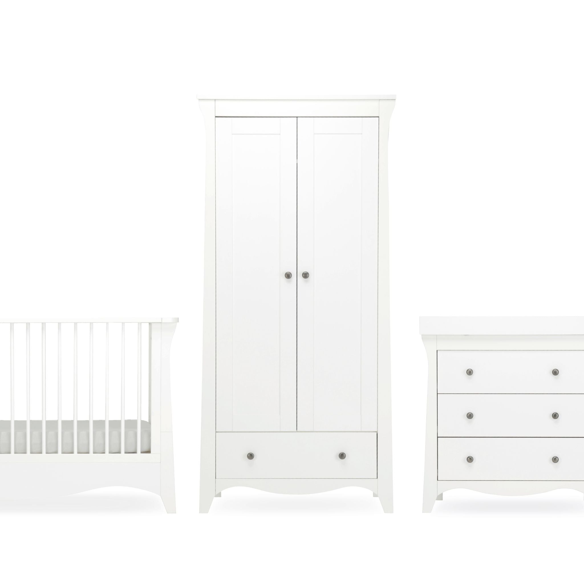 CuddleCo Clara 3pc Set 3 Drawer Dresser, Cot Bed and Wardrobe