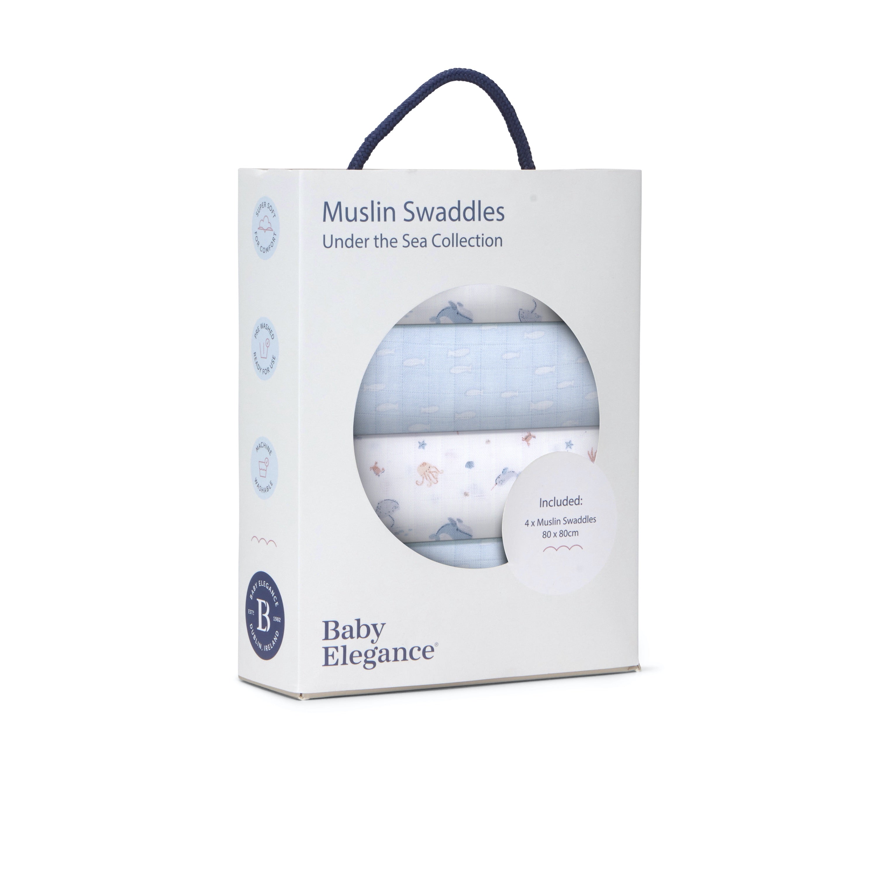 Muslin Swaddles - Under the Sea - 80 x 80cm - 4 Pack - Baby Elegance