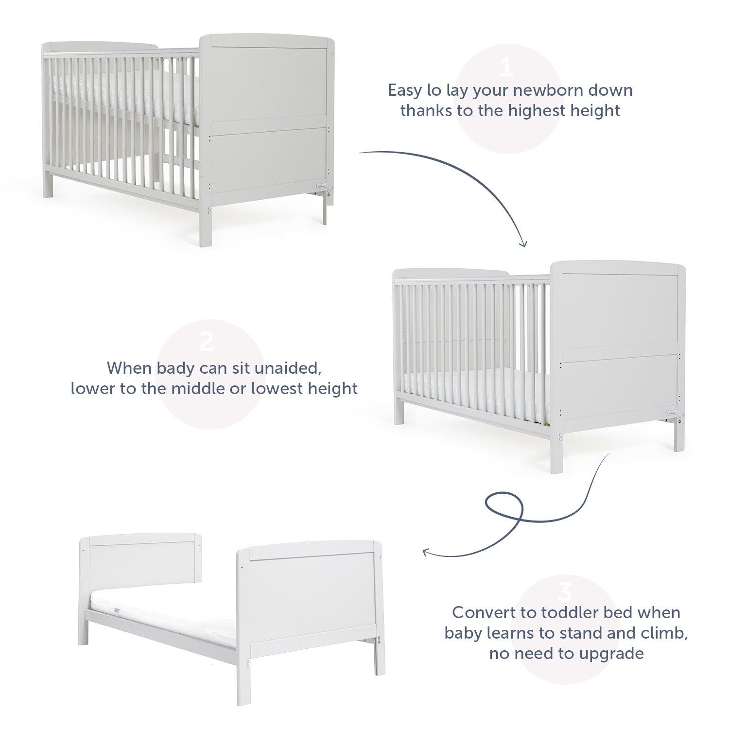 Baby Elegance Grey Cots With Mattress Travis Cot Bed, Mattress
