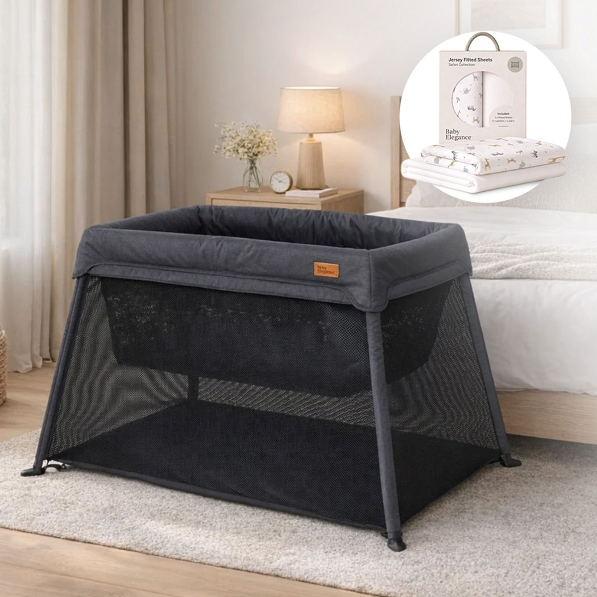 Baby Elegance Air2 Travel Cot (Black) &amp; Sheets Bundle