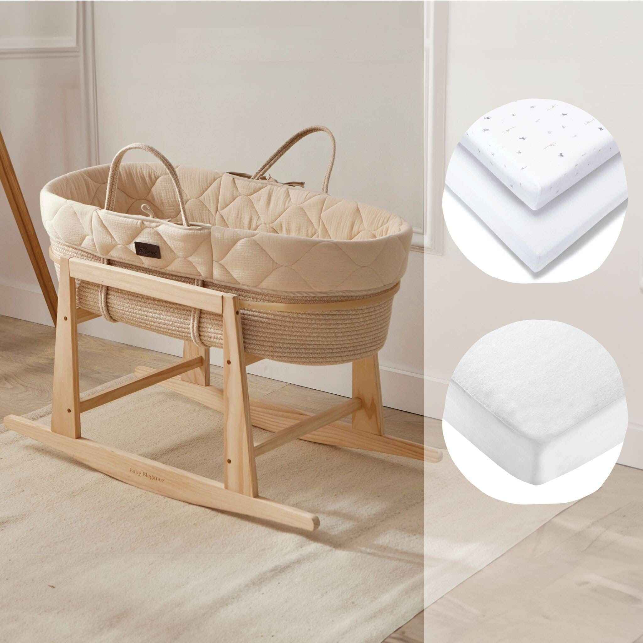 Baby Elegance Moses Basket Rocking Stand Set with Safari Jersey Shee LittleBe