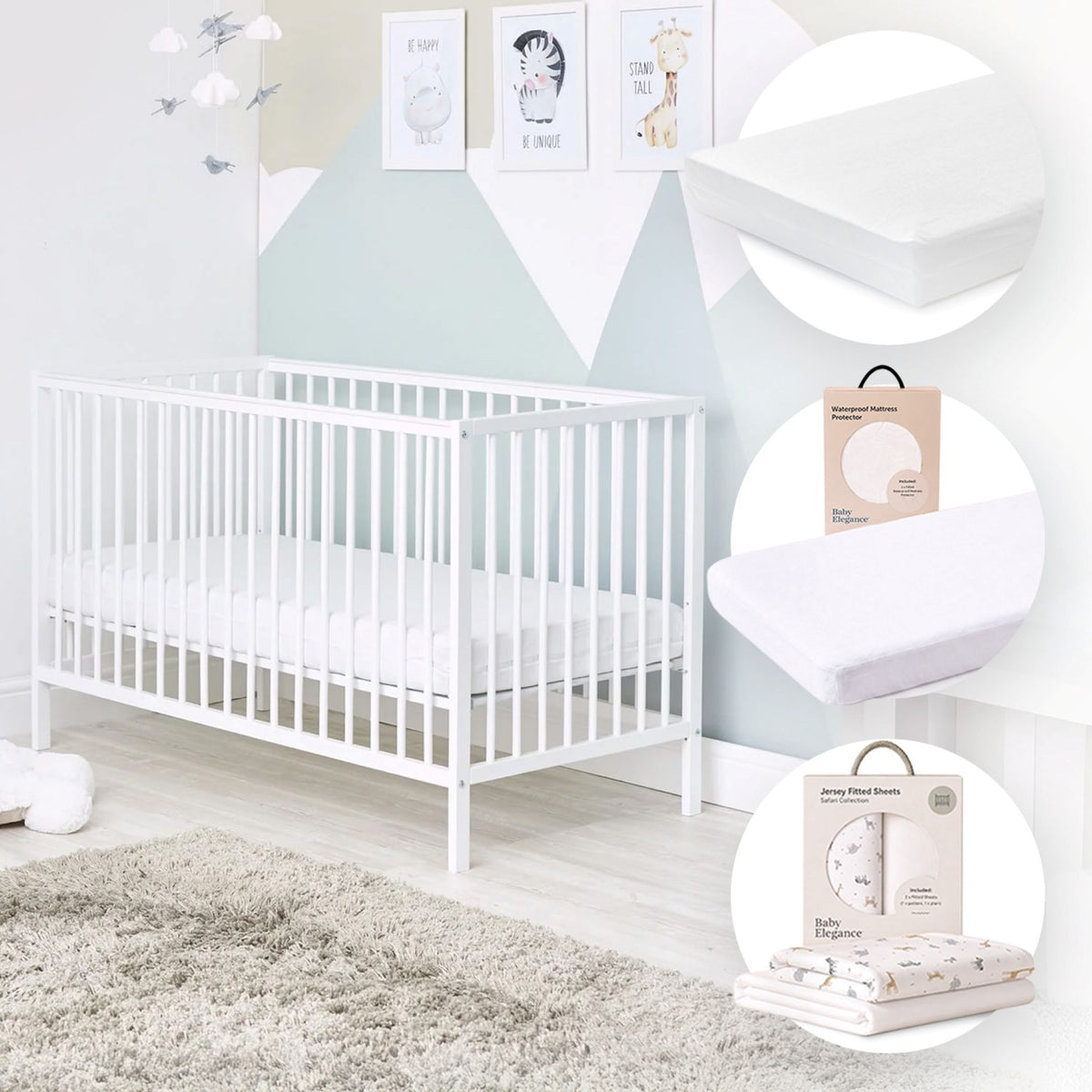 Baby Elegance Kim Cot, Mattress, Sheets &amp; Mattress Protector Bundle
