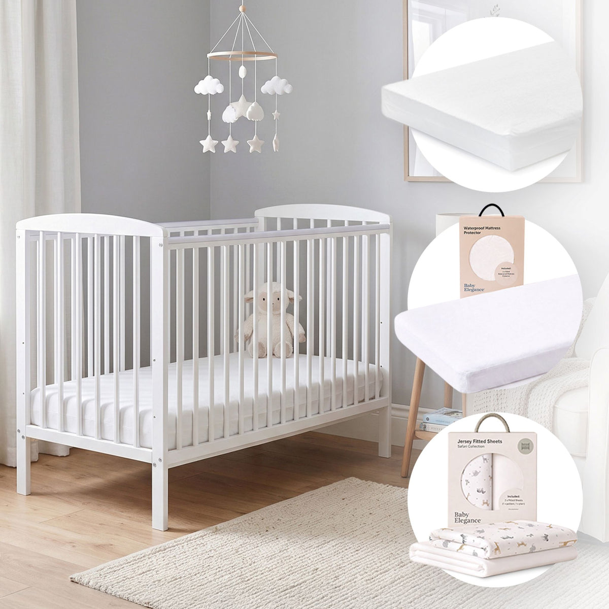 Baby Elegance Starlight Cot, Mattress, Sheets &amp; Mattress Protector Bundle
