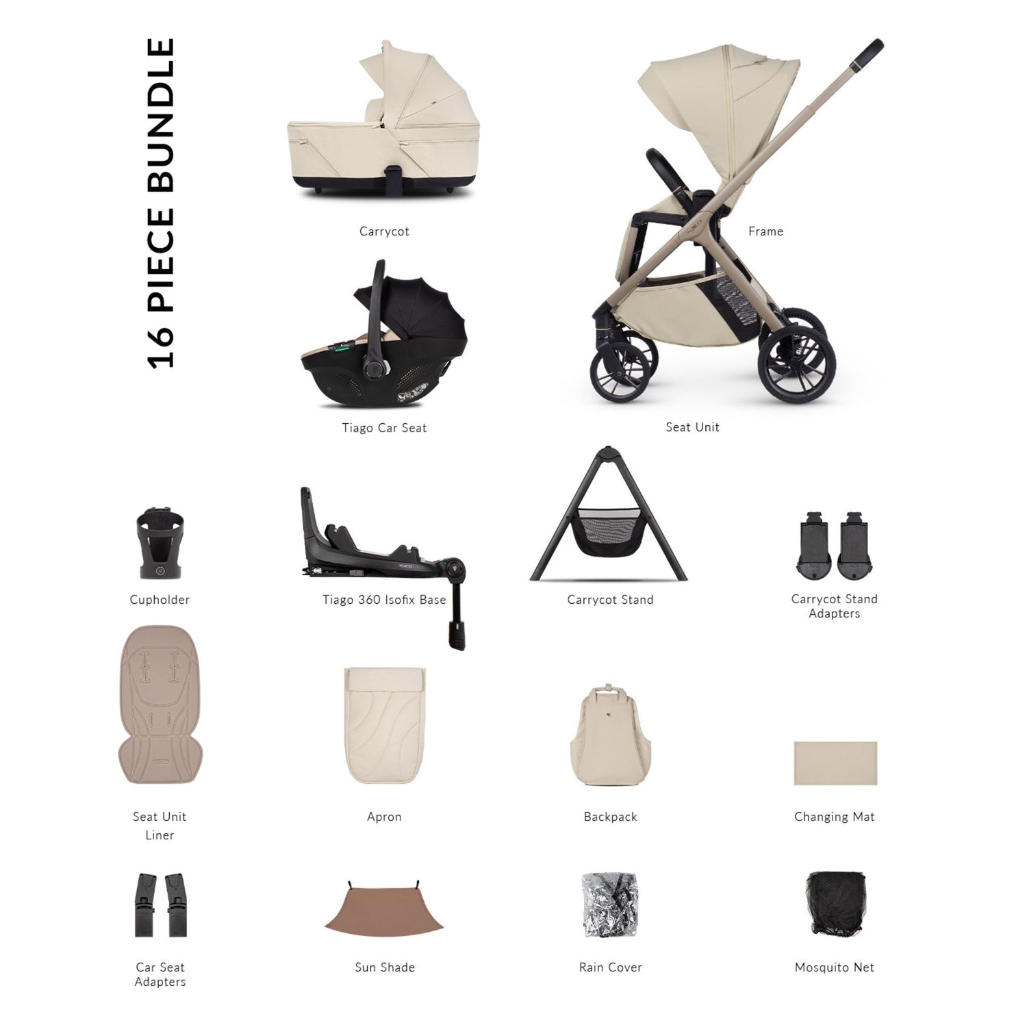 Venicci Tila 4in1 &amp; Tiago i-Size Car Seat Beige Ultimate Bundle - 16 piece