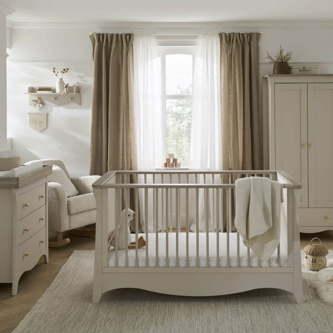 CuddleCo Clara 3pc Set 3 Drawer Dresser, Cot Bed and Wardrobe