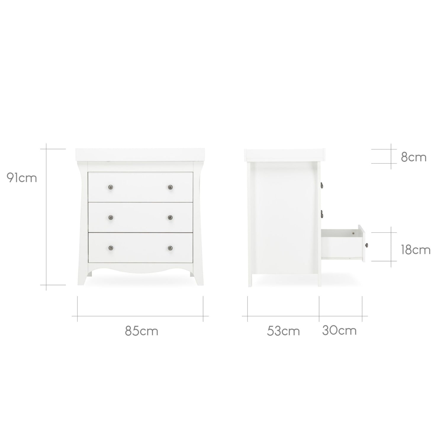 CuddleCo Clara 3pc Set 3 Drawer Dresser, Cot Bed and Wardrobe