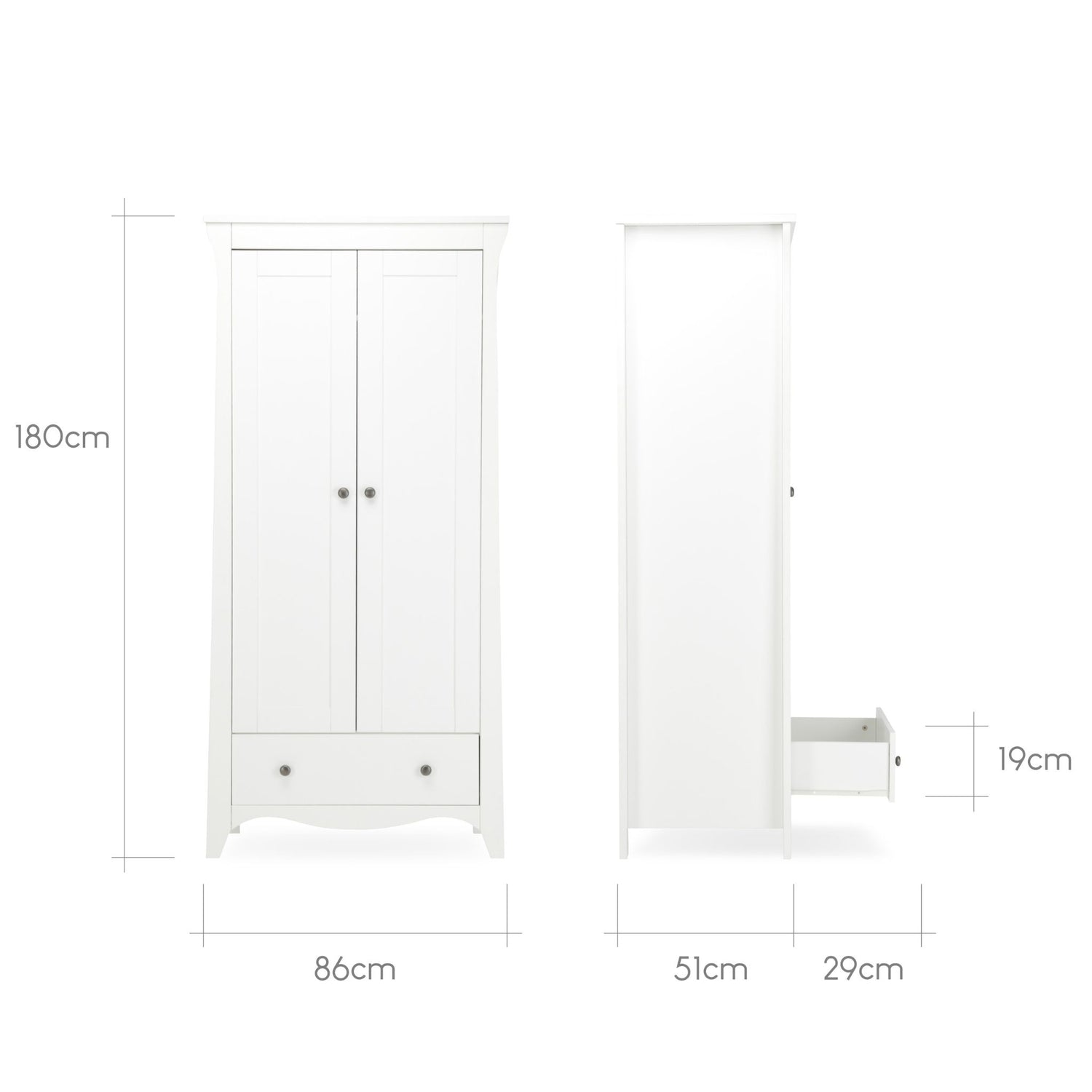 CuddleCo Clara 3pc Set 3 Drawer Dresser, Cot Bed and Wardrobe