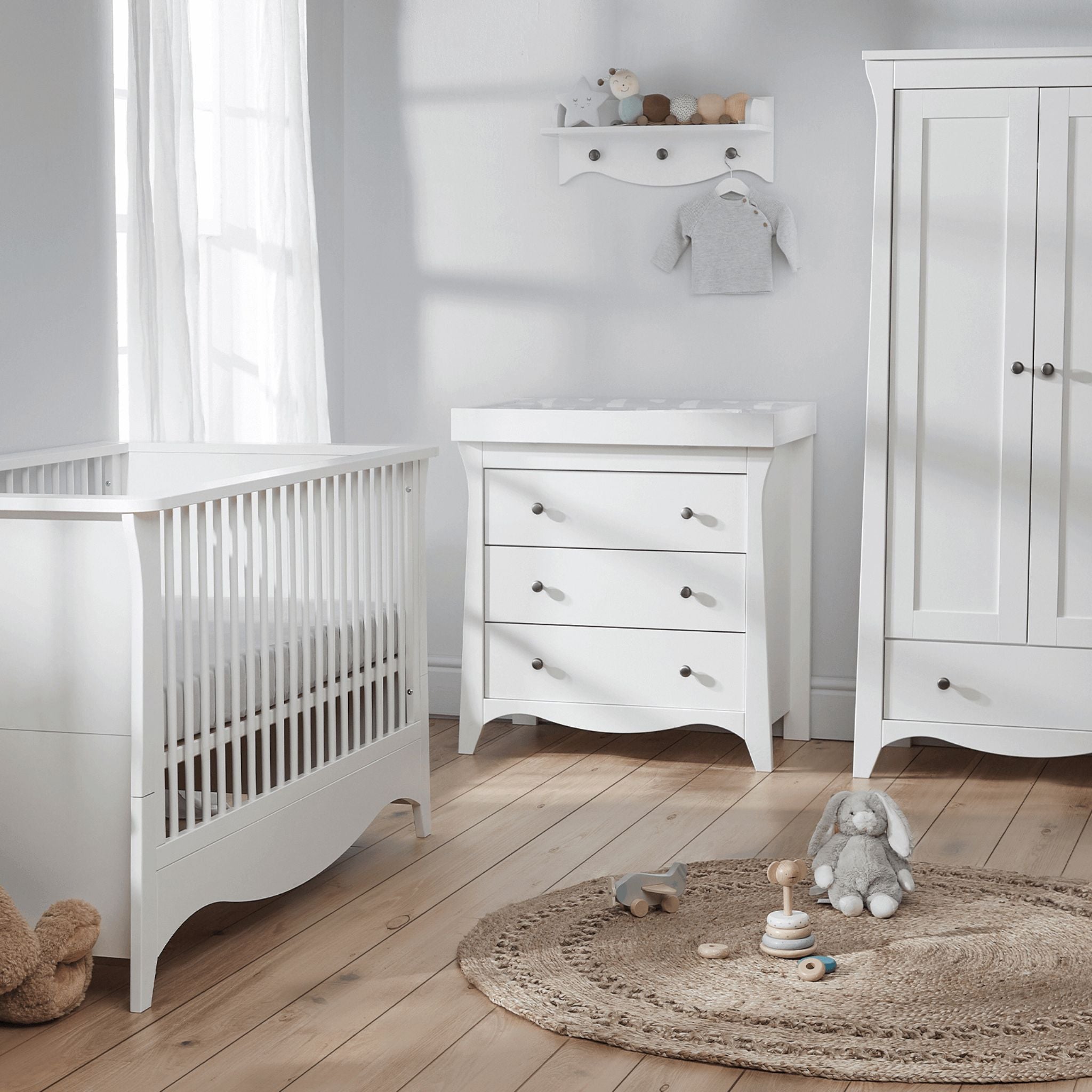 CuddleCo Clara 3pc Set 3 Drawer Dresser, Cot Bed and Wardrobe