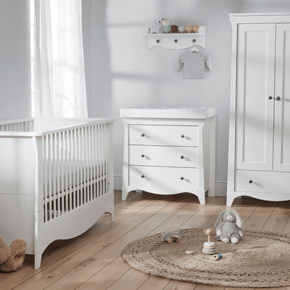 CuddleCo Clara 3pc Set 3 Drawer Dresser, Cot Bed and Wardrobe